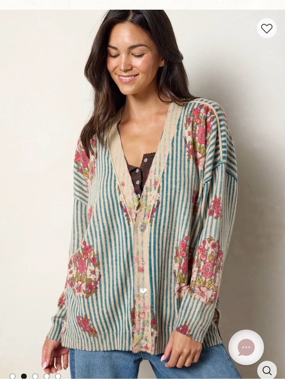 NWT NATURAL LIFE Striped Floral V-Neck Cardigan in Cream, Teal and Pink Medium